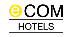 eCOM Hotels logo with yellow circle e and black text on white background